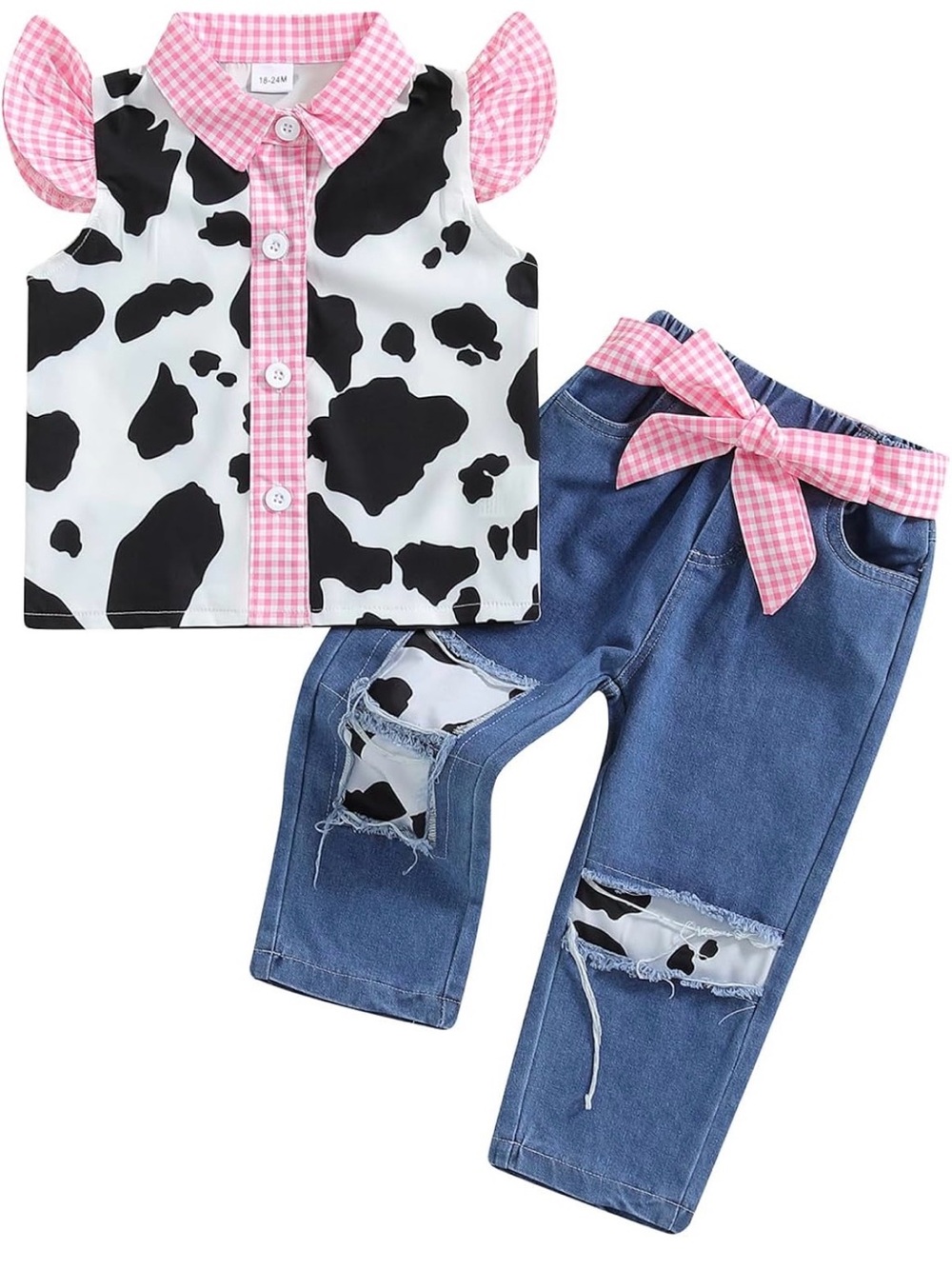 18-24M🐮2pc Western Cowgirl Outfit Cow Print Button Down Shirt Rodeo Denim Jeans - Picture 2 of 14